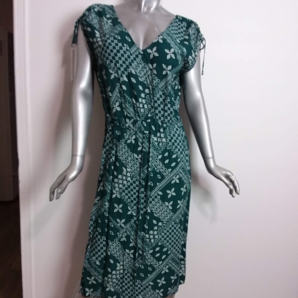 Women's XL Green Bandana  Maxi Dress Short Sleeve Elastic Waist High Side Slits